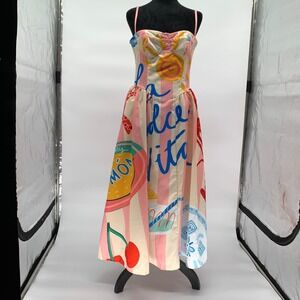 Nice To Meet You La Dolce Vita Pink Striped Lobster Lemon Midi Dress Small
